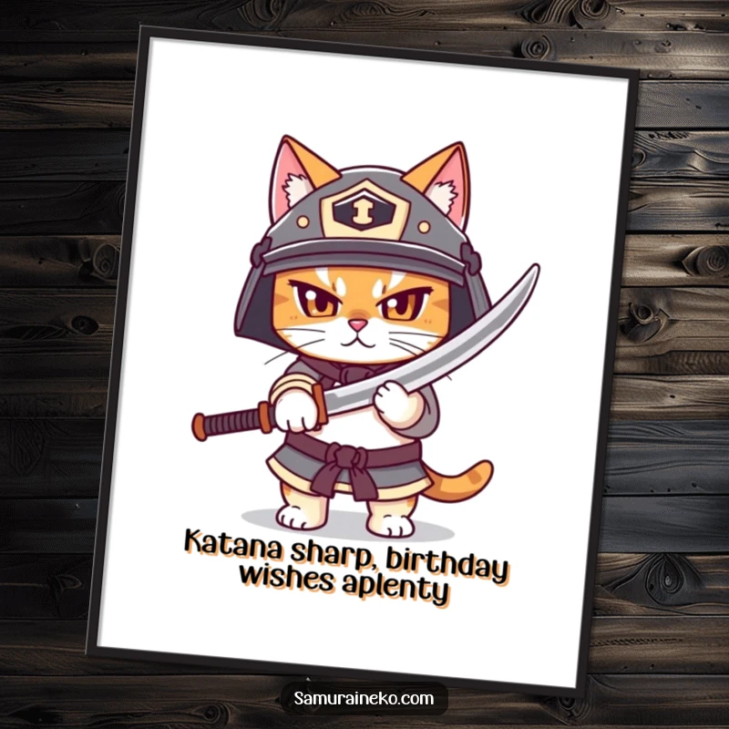 Funny Free Printable Wall Art: Determined Cat Warrior in Helmet Unsheathing Tiny Katana