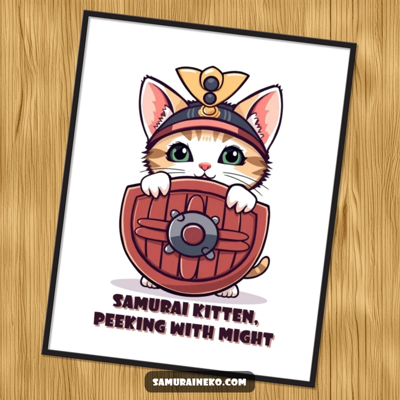 Funny Free Printable Wall Art: Curious kitten peeking from behind a miniature samurai shield with a shy smile, looking watchful.