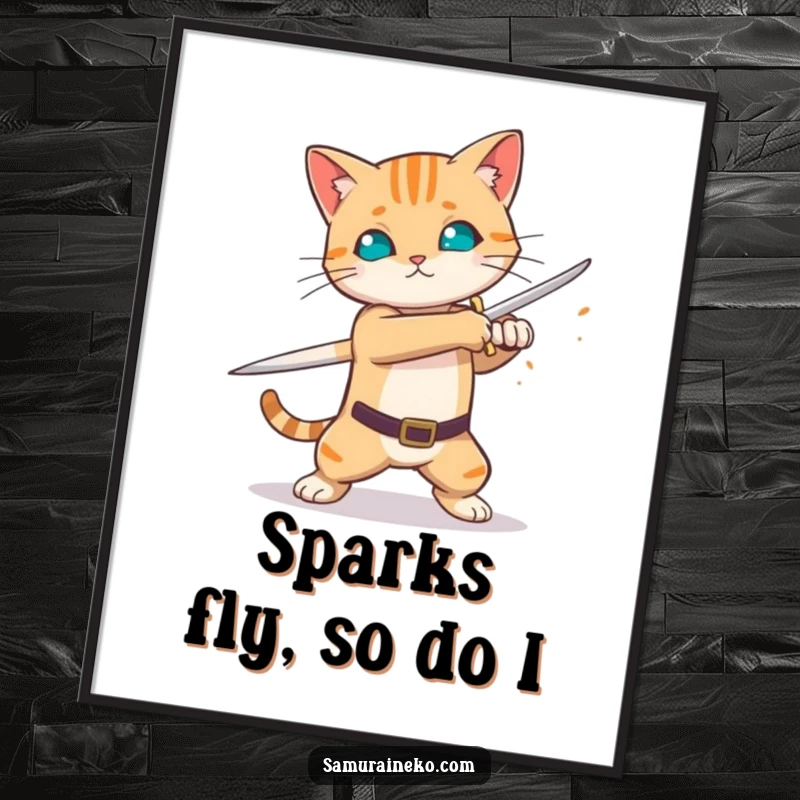Funny Free Printable Wall Art: A cat performs a swift sword swing, with dramatic sparks flying from its blade.