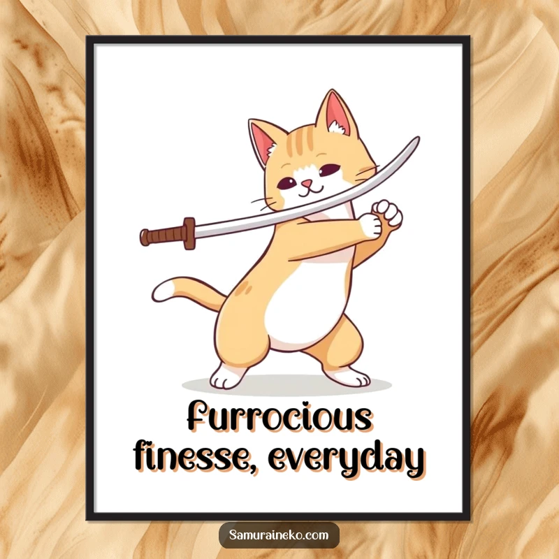 Funny Free Printable Wall Art: A nimble cat with a wagging tail executes a swift sword flourish, bringing playful energy to the room.