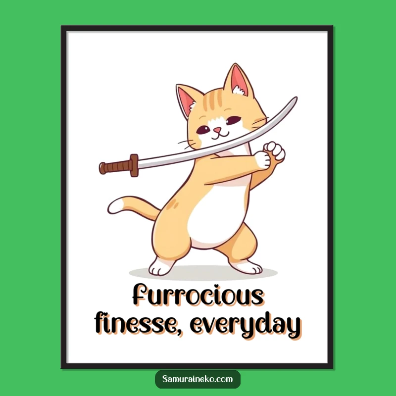 Funny Free Printable Wall Art: Cat Swordsman Flourish - Humorous Downloadable Art