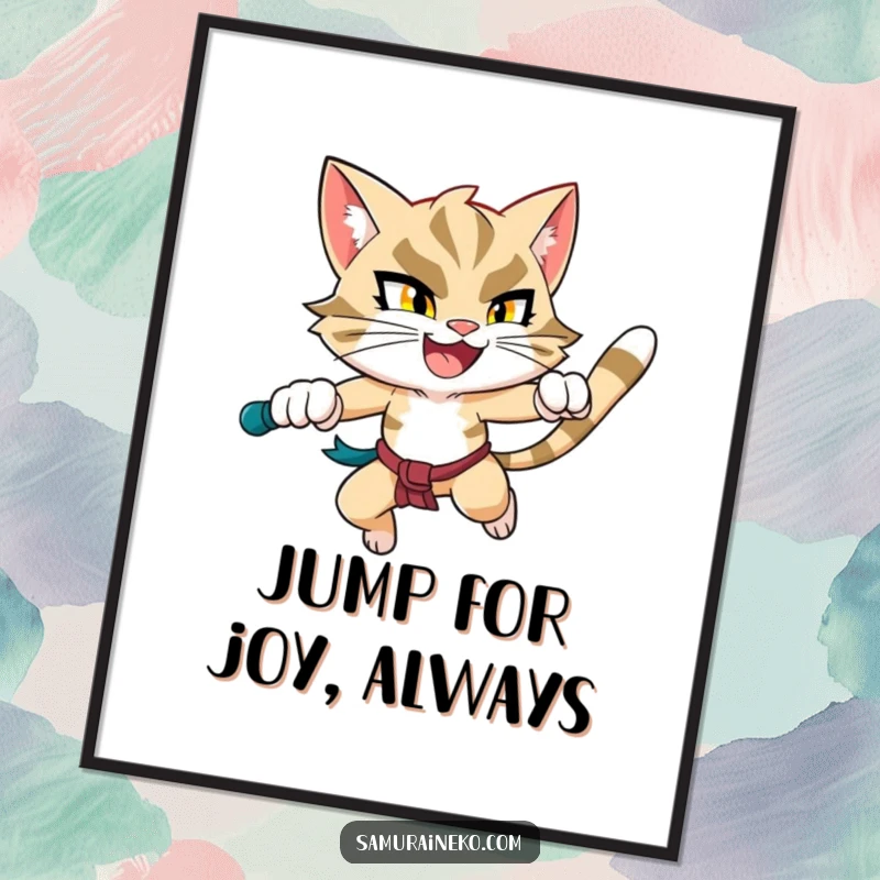 Funny Free Printable Wall Art: A determined, happy feline warrior captured in an epic mid-leap pose.