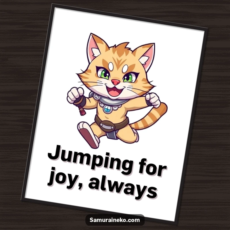 Funny Free Printable Wall Art: A determined feline warrior cat with a happy smile is captured mid-leap.