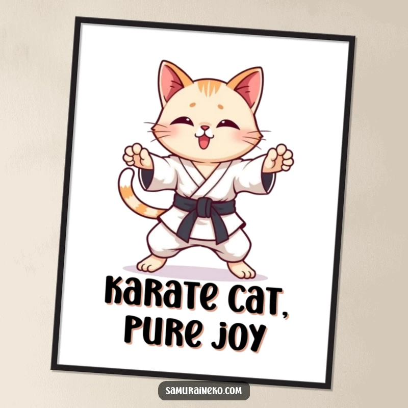 Funny Free Printable Wall Art: A happy cat striking dynamic karate poses with a cheerfully wagging tail.