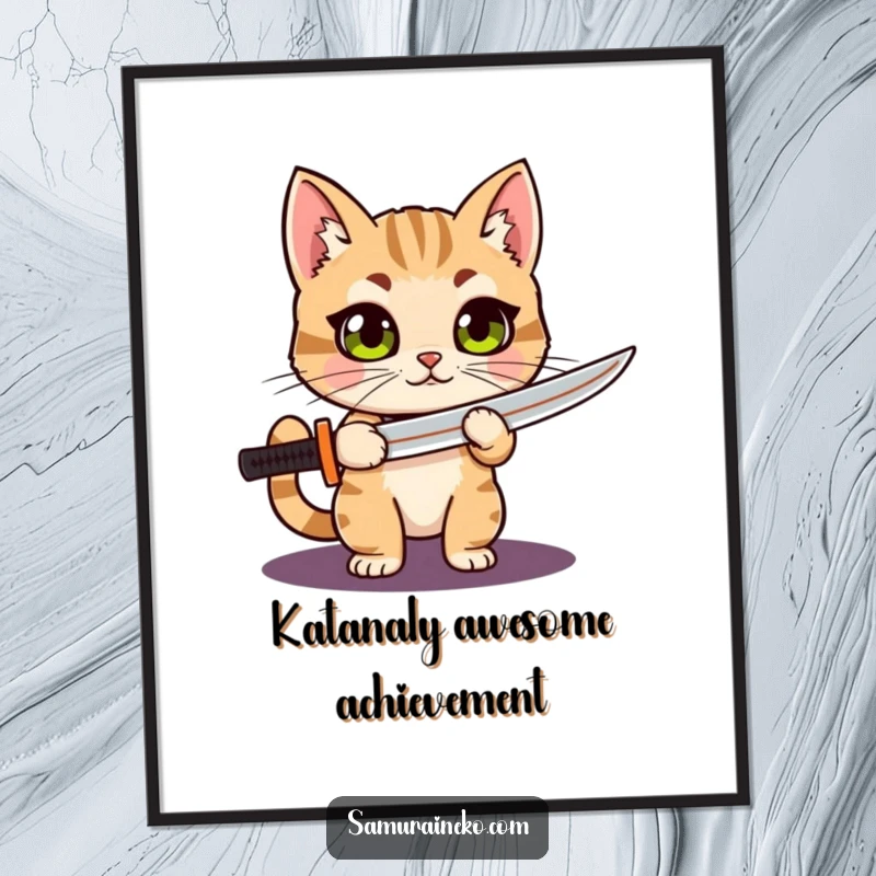Funny Free Printable Wall Art: A curious cat with wide eyes holds a miniature katana with immense pride, ready for anything.