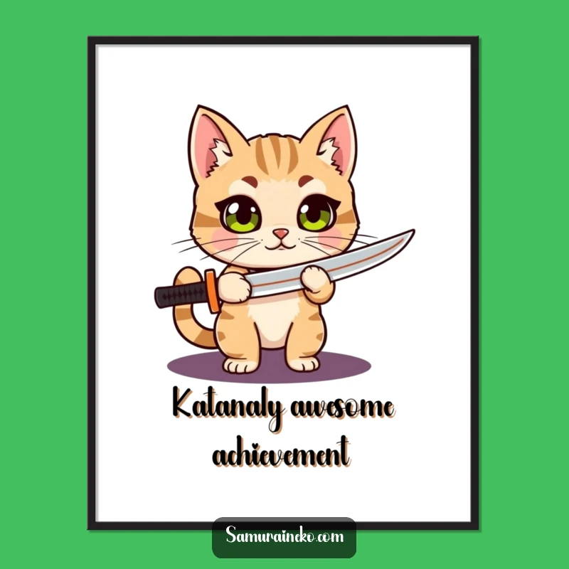 Funny Free Printable Wall Art: Proud Cat Warrior with Katana - Downloadable Decor