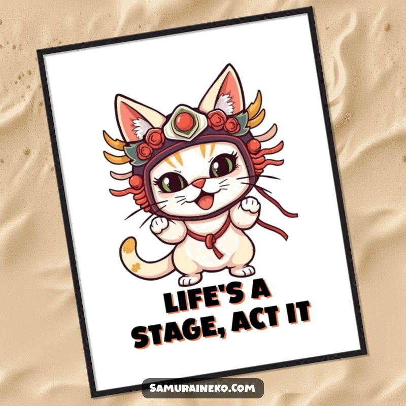Funny Free Printable Wall Art: A cat wearing an elaborate traditional mask, striking a ridiculously dramatic and comical pose with flair.