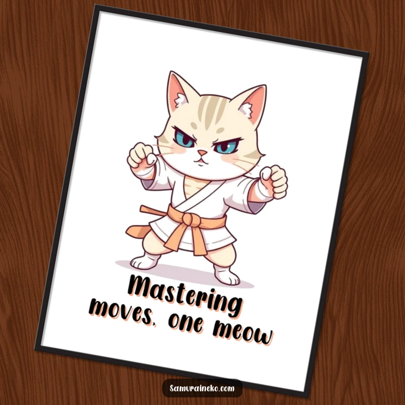 Funny Free Printable Wall Art: A cat warrior displays exaggerated, comical stances with energetic movements, bringing martial arts humor to life.