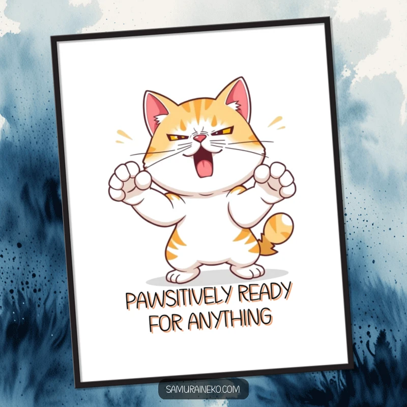 Funny Free Printable Wall Art: Mischievous cat with determined expression practicing swift paw strikes, fierce and fun decor.