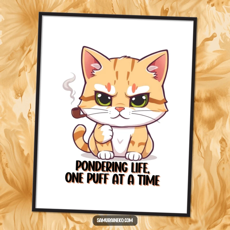 Funny Free Printable Wall Art: Cat with a Determined Gaze Holding a Tiny Smoking Pipe