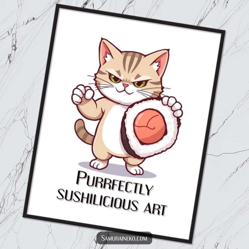 Funny Free Printable Wall Art: Fierce kitty posing dramatically with a comically oversized sushi roll, a true culinary artist.