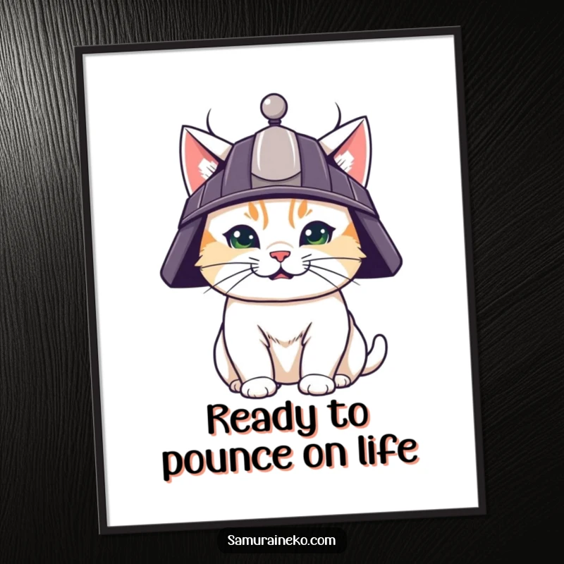 Funny Free Printable Wall Art of a cute cat wearing a tiny samurai helmet, showcasing a determined and confident grin.