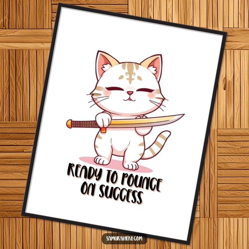 Funny Free Printable Wall Art: Cat samurai intently sharpening sword, exuding calm focus and quiet power.