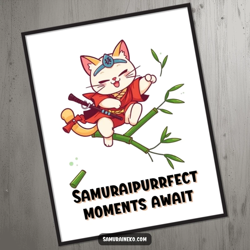 Funny Free Printable Wall Art: A sleek cat samurai leaping fluidly over a bamboo stalk with a graceful flourish, embodying elegance.