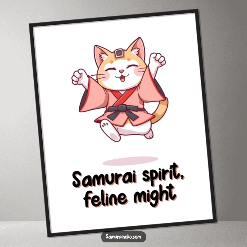 Funny free printable wall art: A cat in traditional samurai attire is caught mid-leap in a triumphant pose.
