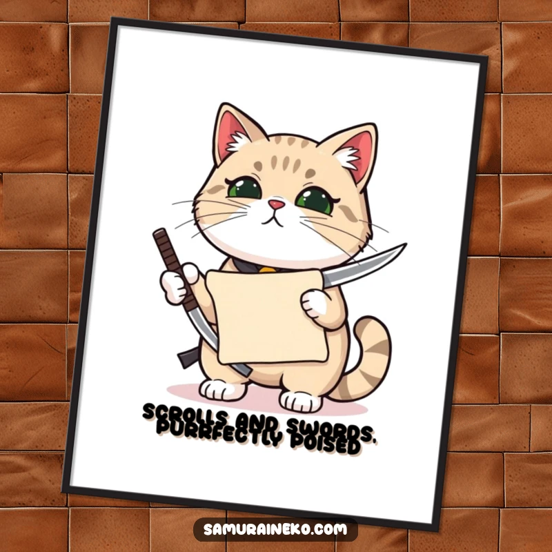 Funny free printable wall art: A cat holds a miniature katana and a tiny scroll with evident pride.