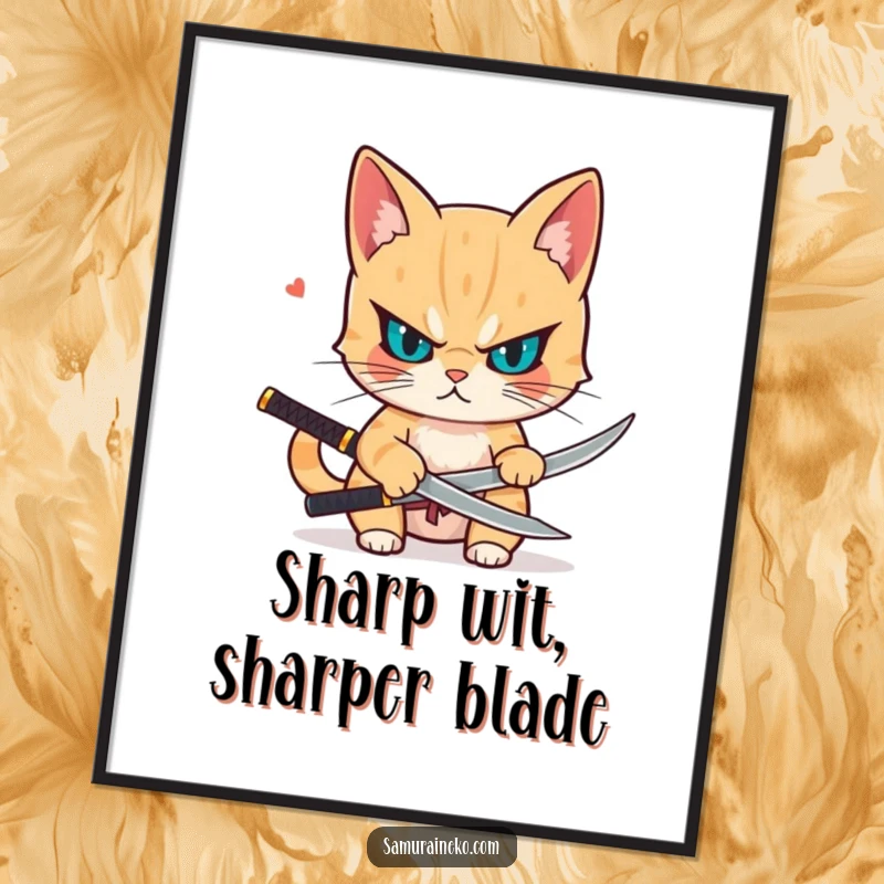 Funny Free Printable Wall Art captures a cat with a determined expression, precisely drawing a small, sharp katana.