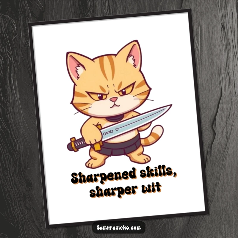 Funny free printable wall art featuring a cat with a determined squint sharpening a tiny sword, ready for action.