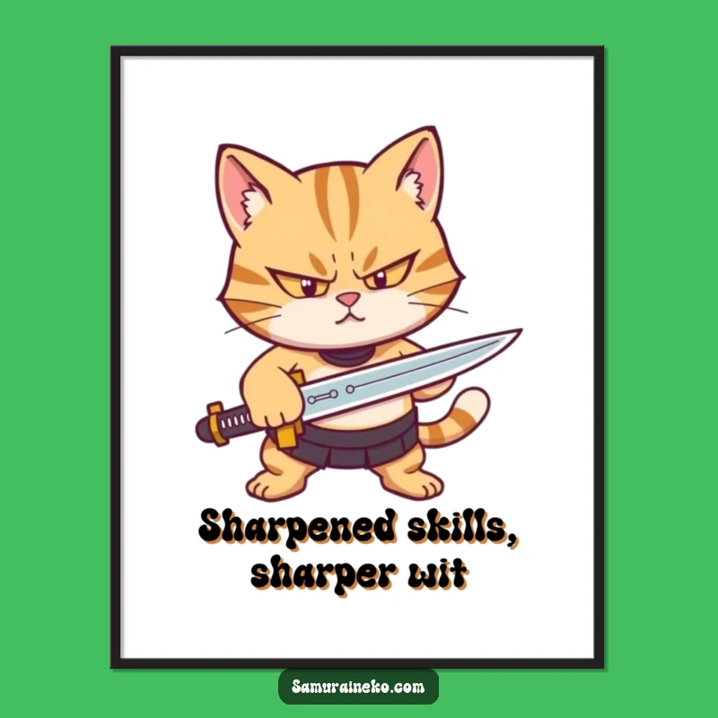 Funny Free Printable Wall Art: Determined Cat Sharpening Sword, Quirky Downloadable Art Decor