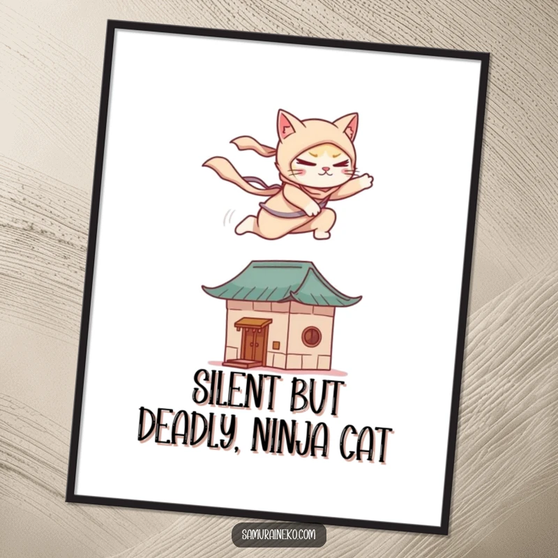 Funny Free Printable Wall Art: A nimble cat ninja gracefully leaps onto a stylized rooftop.