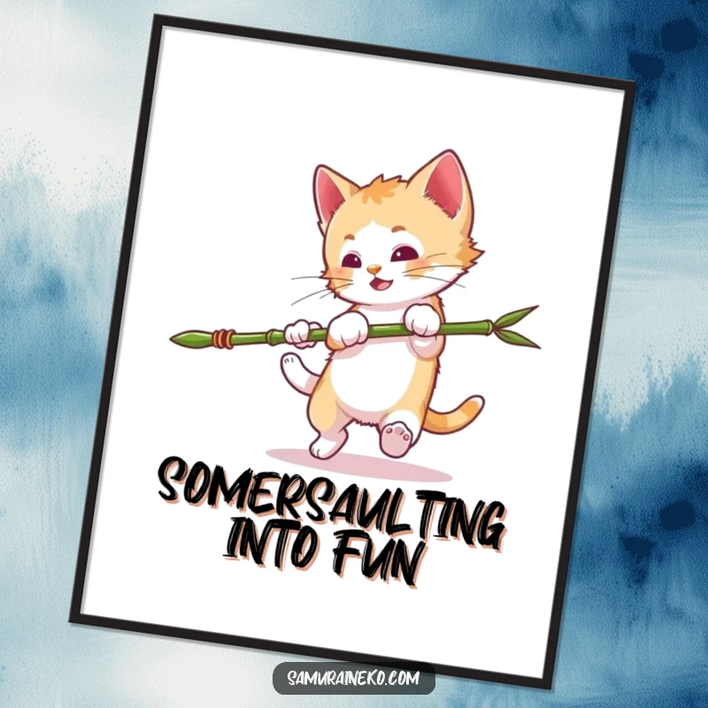 Funny Free Printable Wall Art of a mischievous kitten in mid-somersault, fiercely wielding a tiny bamboo spear, an amusing scene.