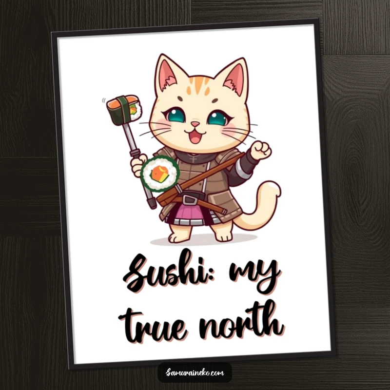 Funny Free Printable Wall Art: A cat in samurai armor gleefully displays a delicious sushi roll.