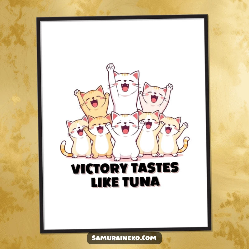 Funny Free Printable Wall Art, a group of delighted cats raising their paws in celebration and shouting happily, embodying pure joy.