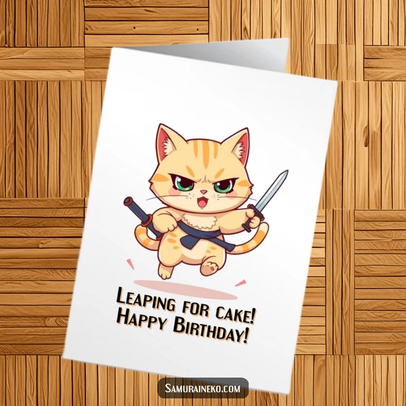 Funny Free Printable Birthday Card: A determined cat leaps through the air with a tiny sword raised, celebrating.
