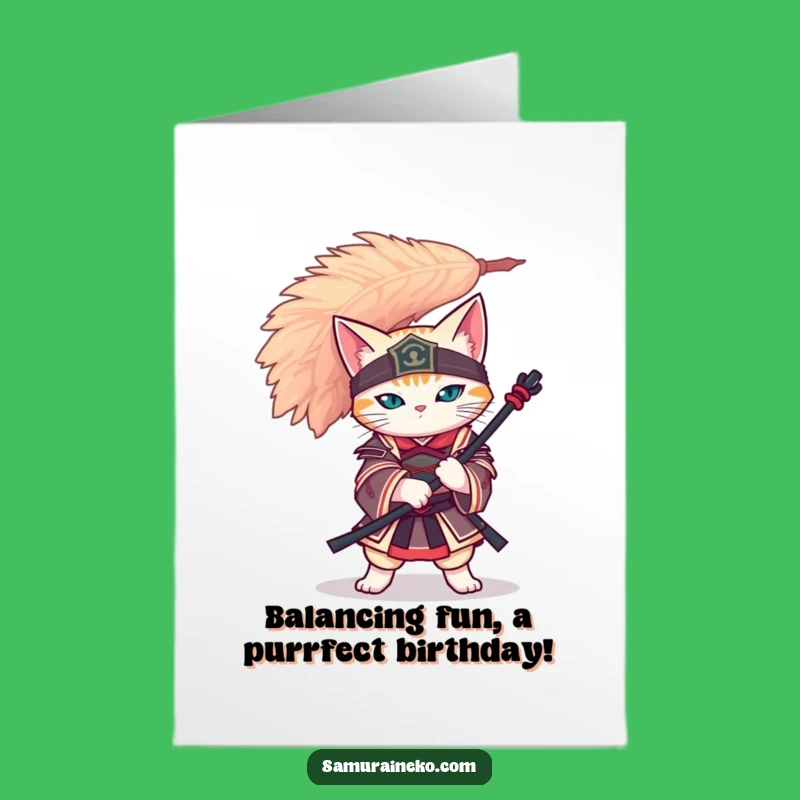 Free Printable Birthday Card: Feather Balancing Cat - Funny Downloadable Gift