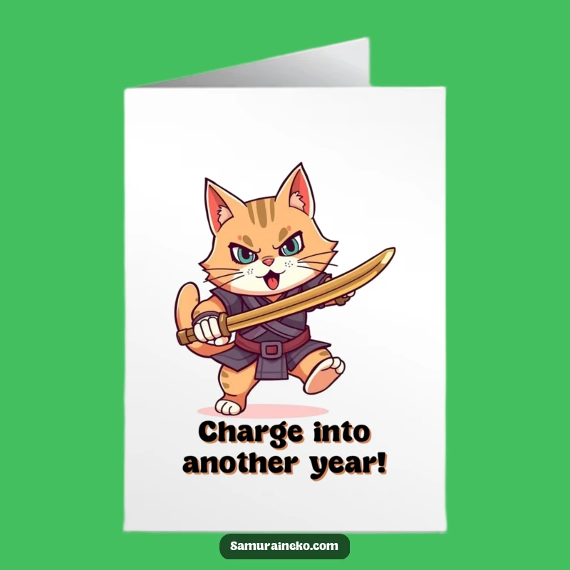 Free Printable Birthday Card: Charging Cat Warrior, Funny Downloadable Gift
