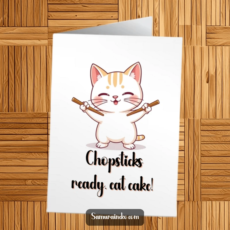 Funny free printable birthday card featuring a cat with a mischievous grin, wielding chopsticks like tiny swords for a playful celebration.