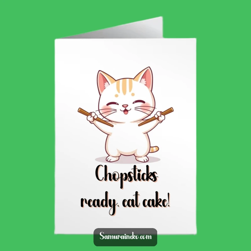Funny Free Printable Birthday Card: Cat Swordsman Chopstick Humor Downloadable Gift