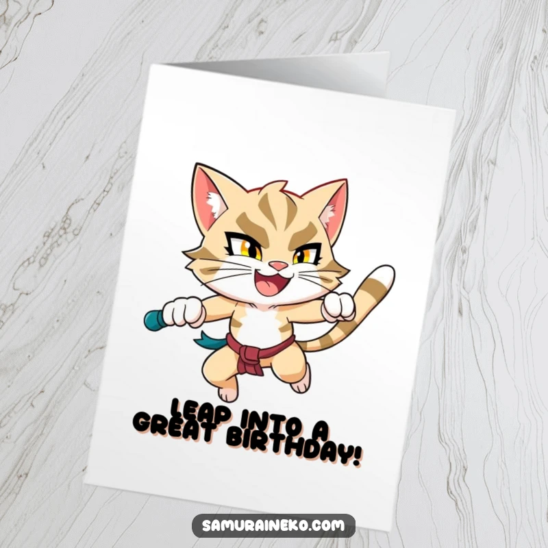 Funny Free Printable Birthday Card: A happy feline warrior in mid-leap with a determined, joyful expression.