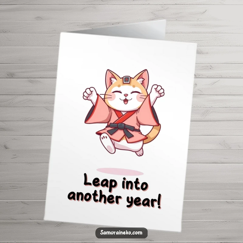 Funny free printable birthday card: Cat in feudal Japanese attire leaps dynamically into a triumphant pose.