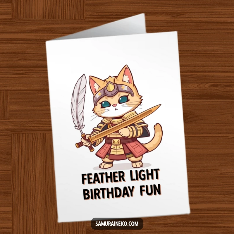 Funny Free Printable Birthday Card: A cat in samurai armor intently parries a delicate feather with a wooden sword, a funny birthday surprise.