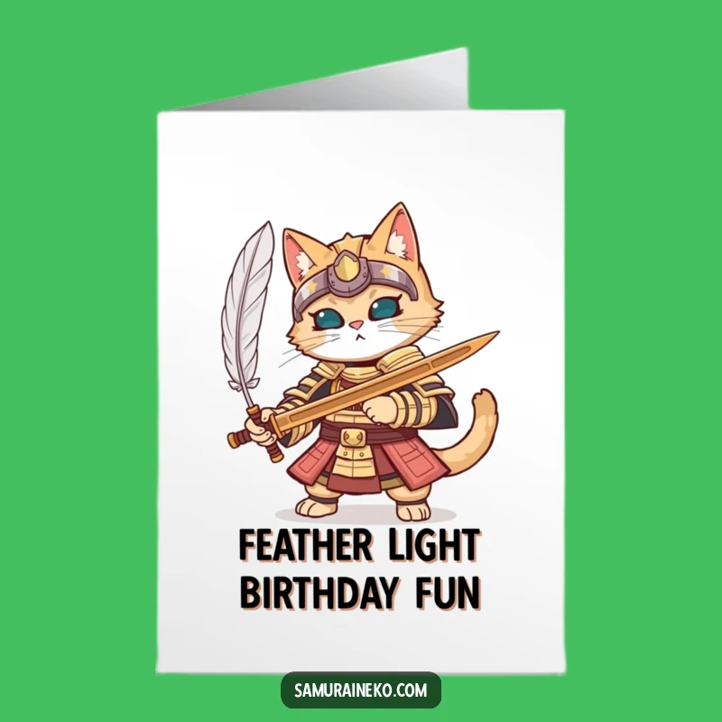Free Printable Birthday Card: Samurai Cat Feather Parry - Funny Downloadable Gift Greeting