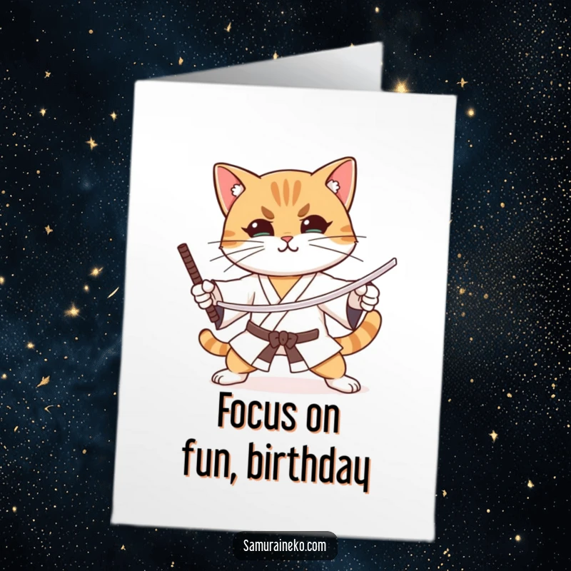 Funny Free Printable Birthday Card: A cat with intense focus and a subtle smile practices samurai sword stances, ready for a birthday challenge.