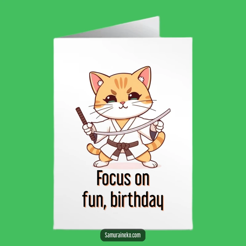 Free Printable Birthday Card: Focused Samurai Cat - Funny Downloadable Gift Greeting