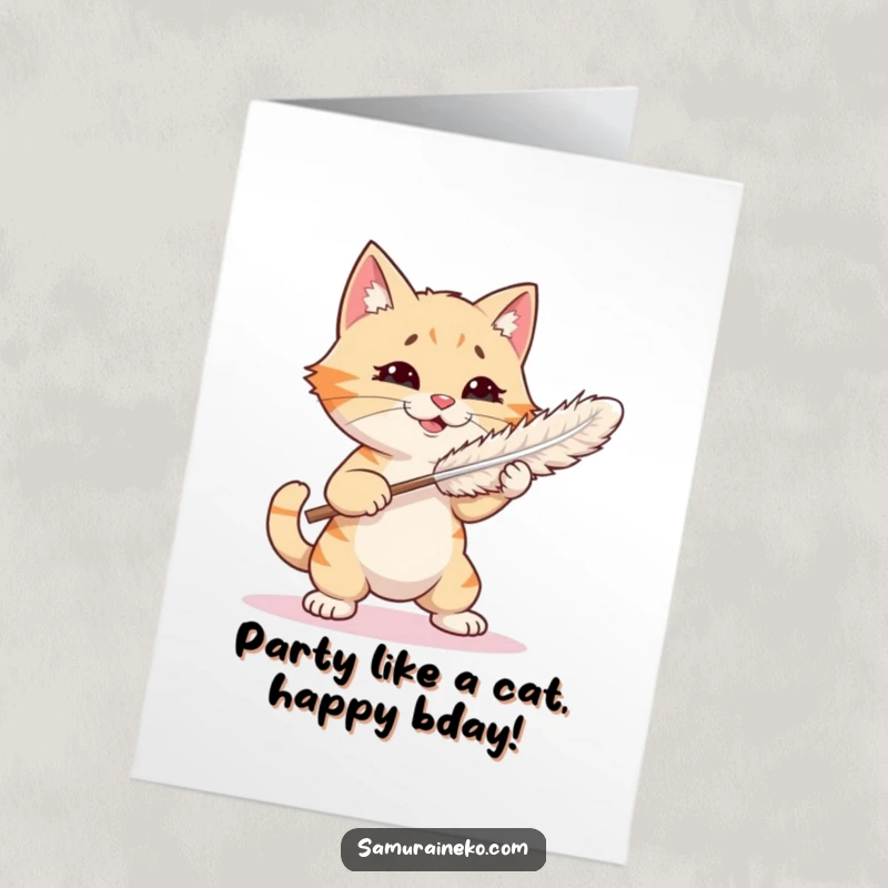 Funny Free Printable Birthday Card: A playful cat playfully spars with a fluffy feather duster, capturing a moment of feline silliness.