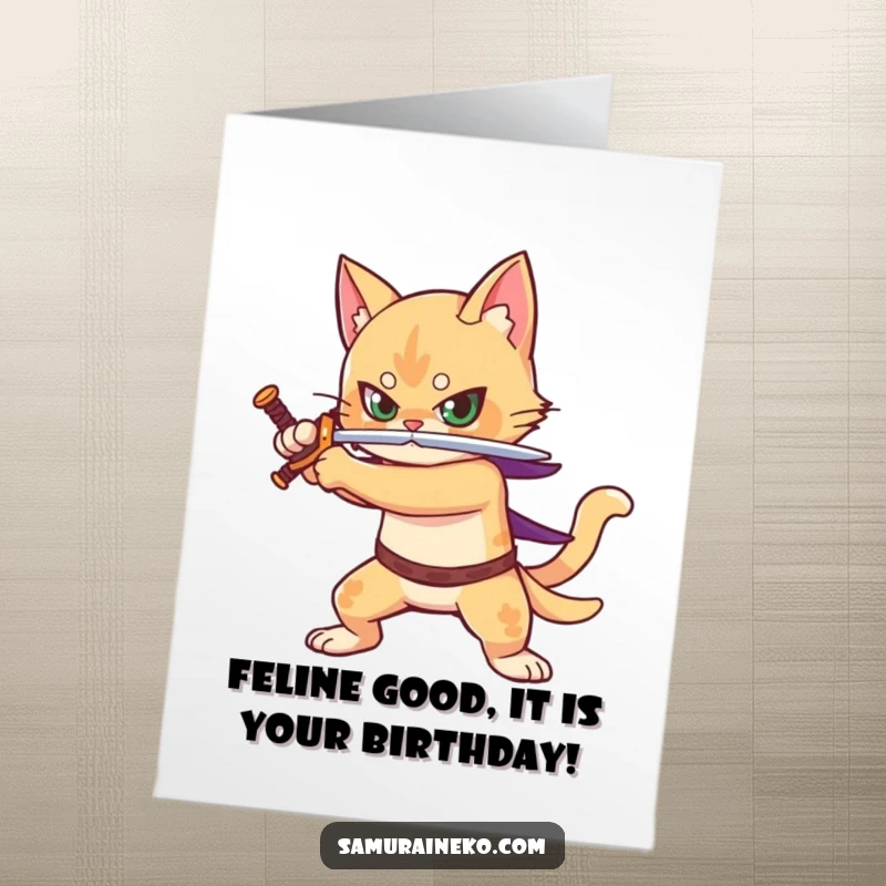 Funny Free Printable Warrior Cat Birthday Card, sword drawn in a fierce, heroic battle stance, ready for action and celebration.