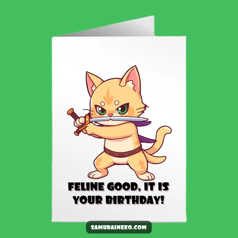 Free Printable Birthday Card Cat Knight: Funny Warrior Sword Downloadable Gift
