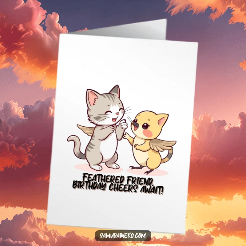 Funny free printable birthday card featuring a determined cat playfully sparring with a startled, fluttering sparrow.