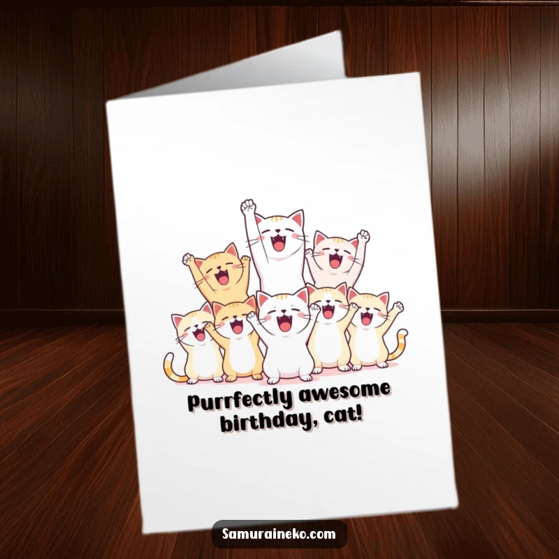 Funny Free Printable Birthday Card, a group of happy cats cheering with raised paws and joyful shouts, celebrating a special occasion.