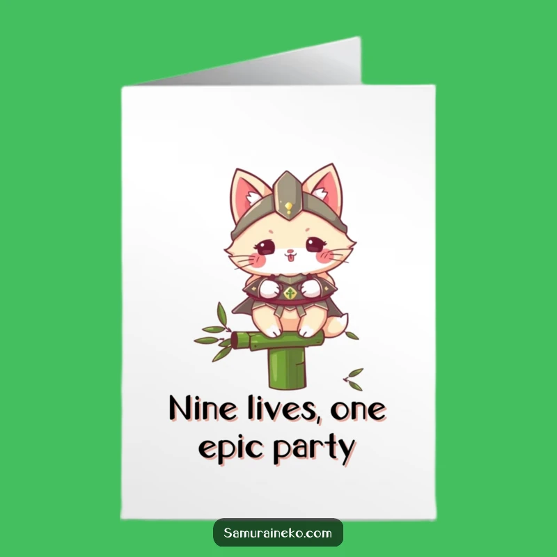 Free Printable Birthday Card: Funny Cat Samurai Ready to Party - Downloadable Greeting