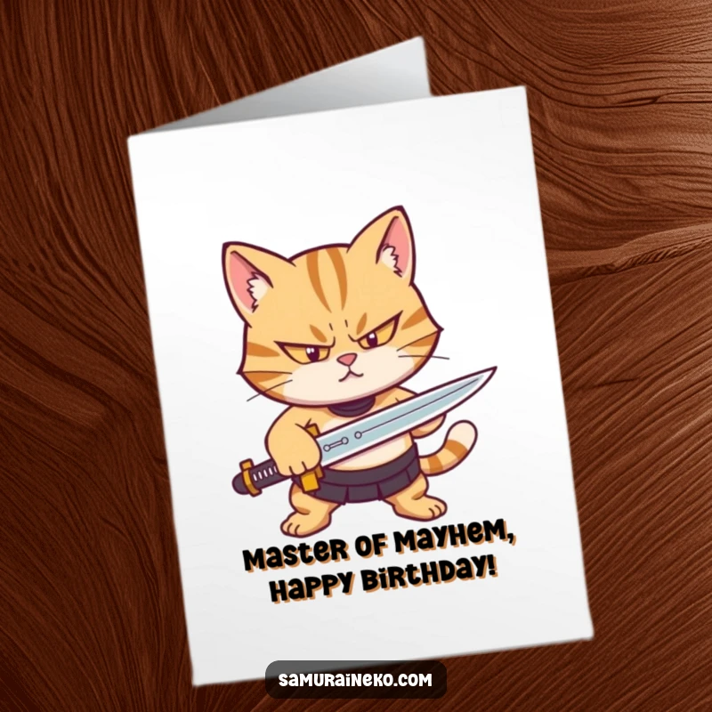 Funny free printable birthday card of a determined cat squinting while sharpening a tiny sword, ready for adventure.