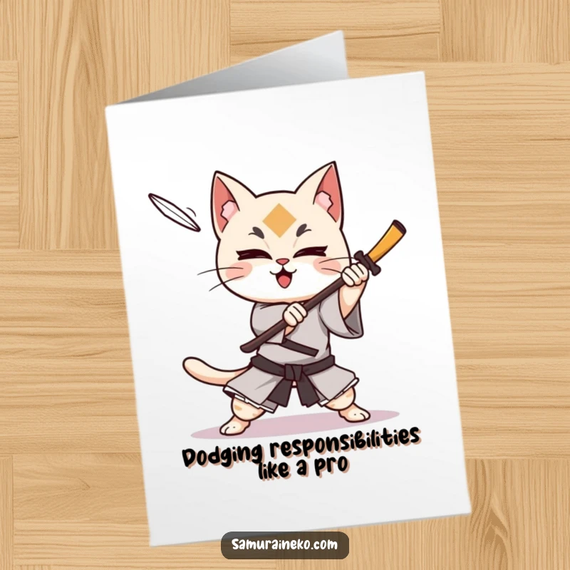 Funny Free Printable Birthday Card: Cat samurai character joyfully dodges a flying shuriken with incredible agility.
