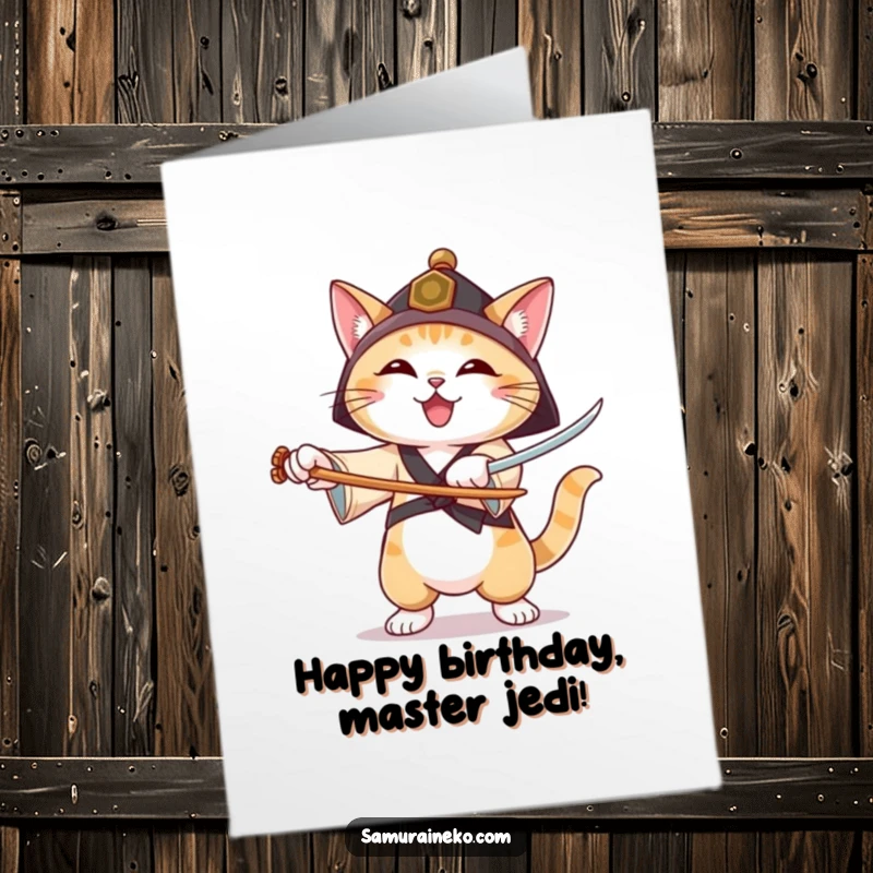 Funny Free Printable Birthday Card featuring a cat in a ronin hat practicing sword forms with a genuinely joyful and focused expression.