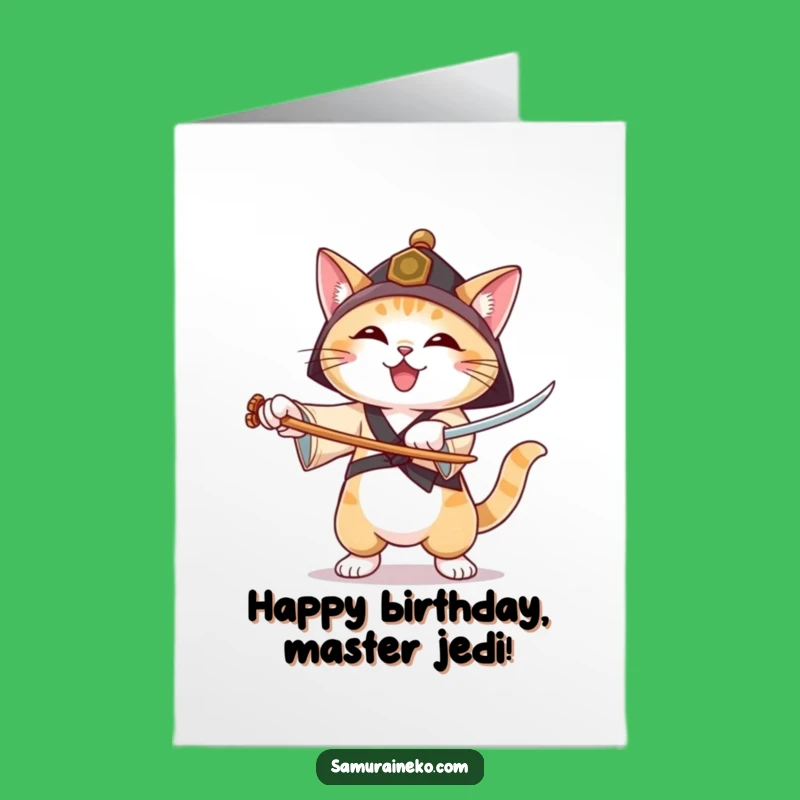 Free Printable Birthday Card: Joyful Ronin Cat, Sword Practice, Downloadable Funny Gift