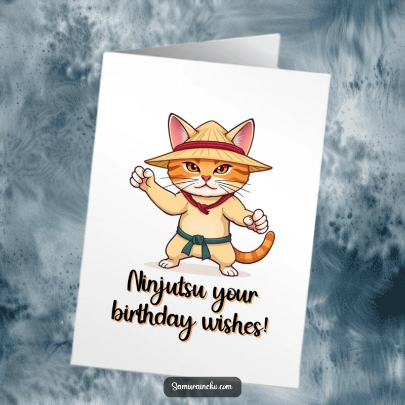 Funny Free Printable Birthday Card: A determined cat in a straw hat strikes a powerful martial arts pose.