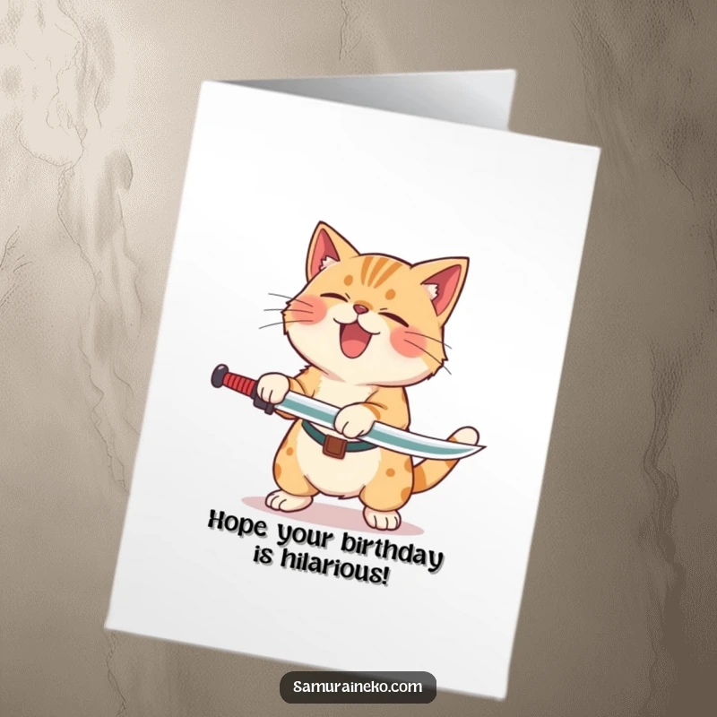 Funny Free Printable Birthday Card: A cat hilariously rolling with laughter after a clumsy, playful sword-swinging attempt for a birthday.